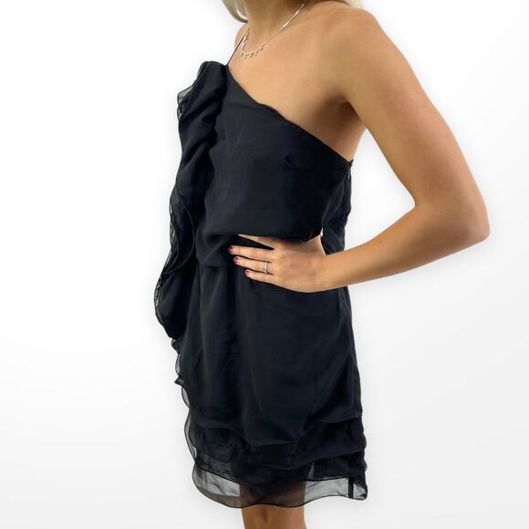 00s ANDREE Vintage Y2K Black Ruffle One Shoulder Lined Mini Dress - Picture 3 of 8